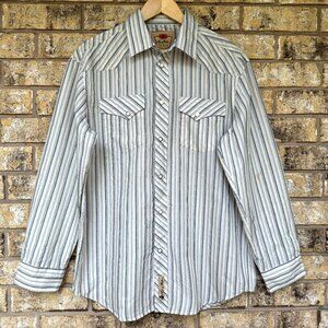 size L mens Larry Mahan Cowboy diamond‎ pearl snap Western blue Striped Shirt